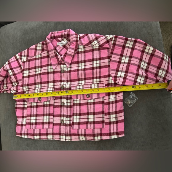 GOOD AMERICAN Pink Plaid cropped button down shirt M NWOT - Picture 5 of 9